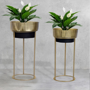 Striking gold cross-stand metal planters (pair). Minimalist and modern. Available at wholesale prices. - Product Image 2