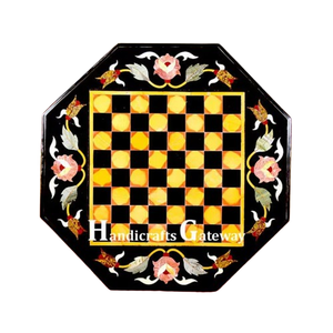 Magnifique table basse octogonale en marbre noir avec incrustations de marbre, design d'échecs fait à la main, surface brillante, utilisée dans les restaurants - Product Image 1