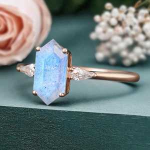 Piedra labradorita Sólida Plata de Ley 925 18K Chapado en oro Mujeres Compromiso Boda Día de Navidad Anillo de regalo Joyería fina - Product Image 1