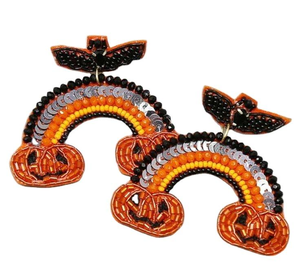 Pendientes Colgantes con Cuentas de Semillas de Calabaza Hocus Pocus - Pendientes Bordados con Cuentas de Semillas Naranja y Negra de la India, Pendientes Hechos a Mano - Product Image 2