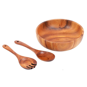 Nouvel ensemble de saladiers en bois d'acacia avec 2 ustensiles de service en bois, bol à mélanger pour fruits et salades, ensemble de vaisselle élégant - Product Image 4