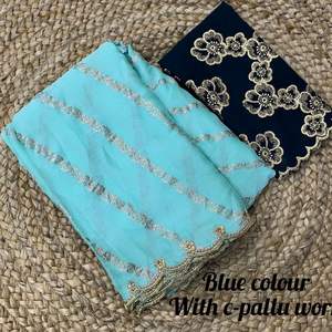 Saree en mousseline de soie satinée pour femmes avec broderie à paillettes Blouse Work Style pakistanais Wedding and Party Wear - Product Image 1