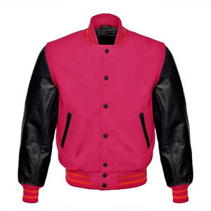 Chaqueta Universitaria Personalizada para Hombre, Estilo Urbano, Color Rosa Intenso, Lana, Mangas de Cuero Negro, Diseño de Parches en la Parte Delantera, para Jugadores de Béisbol Universitario y Niños - Product Image 1