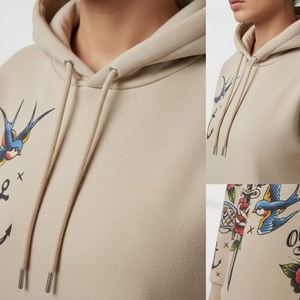 Sudadera con Capucha de Felpa de Algodón de Alta Calidad OEM para Mujer, Estilo Urbano, Color Beige, Diseño de Tatuaje en las Mangas Delanteras, Etiqueta Privada Personalizada de Fábrica - Product Image 6