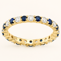 Bague d'éternité en saphir bleu et diamant de laboratoire, or jaune 10K, pierre ronde, alliance empilable, bijoux d'anniversaire