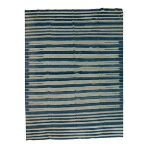 Handmade Vintage Dhurrie Rug & Kilim Set Blue and Cream Geometric Stripes Flat Weave Wool Material Area Rugs & Kilims - Product Image 1