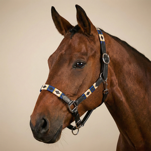 Cabestro de cuero negro artesanal para caballo con narigueña tejida geométrica azul y patillas a juego, aparejos ecuestres duraderos de acero inoxidable - Product Image 2