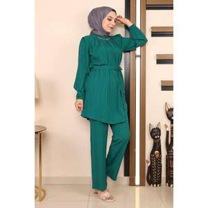 Ensemble décontracté 2 pièces col rond avec détail chaîne émeraude, hauts longs mi-longueur 100% polyester MSW19140-4 - Product Image 4