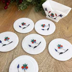 White Marble Coaster Set Square 4x4 Inch With <b>Metal</b> Inlay Set Of 6 With Stand - Product Image 3