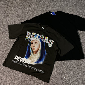 เสื้อยืดผ้าฝ้าย100% คอตตอนขอบคอเสื้อทรงหลวมพิมพ์ลายไรน์สโตนสำหรับผู้ชาย - Product Image 1