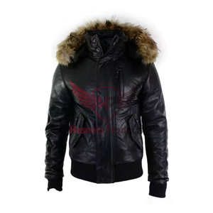 Blouson aviateur d'hiver élégant et décontracté en cuir véritable pour hommes avec fermeture à glissière brodée Veste à capuche d'hiver - Product Image 1