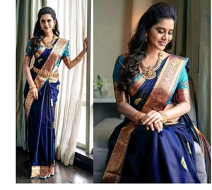 Magnifique sari de créateur de couleur identique, en soie Banarasi de qualité supérieure avec broderie en dentelle et impression numérique, et soie Benglori B - Product Image 1