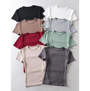 เสื้อยืดคอกลมแขนสั้นของผู้หญิงเสื้อยืดสีพื้นเข้ารูปคอกลมแขนสั้นสำหรับฤดูร้อนโลโก้ตามสั่ง - Product Image 1