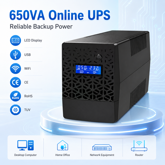 650VA Home Office Online UPS Backup Power Supply for Desktop Computer Network Equipment with LED USB WiFi CE RoHS TUV System