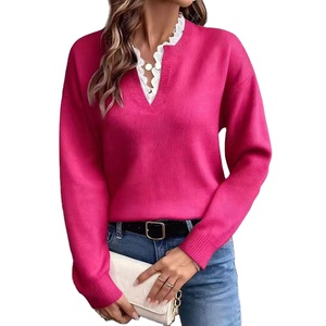 Pull tricoté décontracté pour femme à col en V, avec bordure en dentelle, respirant, séchage rapide, anti-plis – Vente en gros, modèle européen très prisé pour l'hiver/automne - Product Image 2
