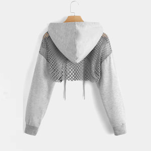 Haut court à manches tombantes en polyester 100% personnalisé pour femmes, avec découpes, cordon de serrage, sweat-shirt court à capuche - Product Image 2