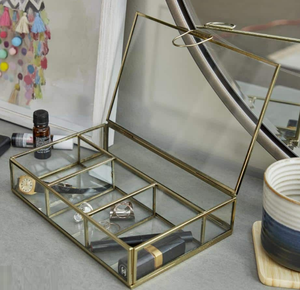 Vente en gros, nouvel arrivage de boîte à bijoux, boîte de rangement pour bibelots avec cloisons et tiroir, organisation de bijoux en métal et en verre - Product Image 3