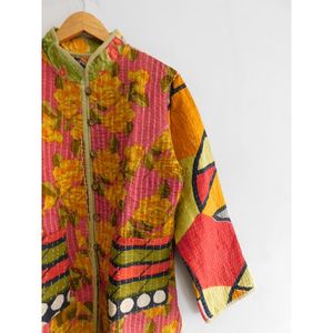 Veste Kantha en coton vintage multicolore pour femmes indiennes partywear main bloc imprimé floral manteau - Product Image 4