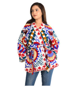 Chaqueta de mano de algodón con cinturón, chaqueta acolchada de algodón bordada a mano, abrigo corto informal de Invierno para mujer acolchado hecho a mano - Product Image 1