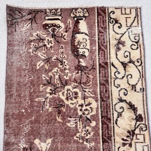 Vintage Turkish Rug, Small 2.3x4.8 ft (70x146 cm) Rug, <b>Brown</b> Bordered <b>Wool</b> Rug - Product Image 5