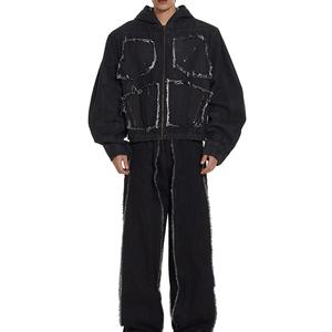 Veste en jean zippée unique pour homme, coupe ample, lavage vintage, coton, décoration boutonnée, grande taille, motif imprimé, patchwork, style baseball - Product Image 6