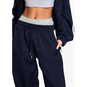 Haute qualité femmes hiver pantalons de survêtement coupe ample taille haute élastique 100% coton polaire jambe large cordon Streetwear pantalon - Product Image 4