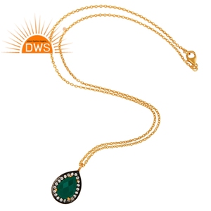 Best Selling Sterling Silver 18K Gold Plated Natural Cz & <b>Green</b> Onyx Gemstone Pendant Necklace Demi Fine Jewelry Manufacturer - Product Image 2