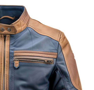 Blouson d'été matelassé léger et imperméable en peau de mouton véritable bleu marine et marron, style motard, col montant, multi-zippé, décontracté, avec doublure Sherpa - Product Image 3
