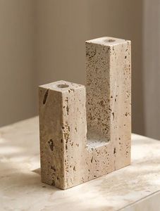 Porte-bougie en travertin fait à la main, accent en pierre sculpturale moderne, centre de table minimaliste, support en marbre artistique, élégant pour la maison - Product Image 3