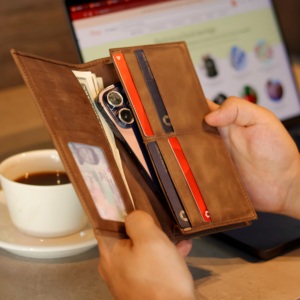 Portefeuille élégant et fin unisexe en cuir véritable avec blocage RFID, porte-téléphone long, durable, logo d'entreprise, motif de fil, brun - Product Image 4