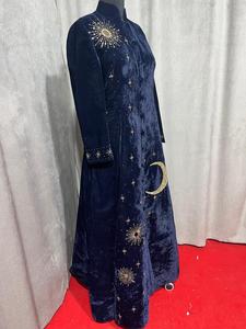 Abrigo Largo Celestial Azul Marino de Terciopelo con Diseño Bordado a Mano, Decoración de Diamantes, Forro de Lana para Invierno, Patrón 3D Formal, Modal Informal - Product Image 5