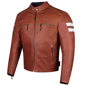Chaqueta de carreras de cuero marrón desgastada acolchado Letterman Moto Biker's Coat piel de oveja Natural cuero de vaca Slim Fit cremallera impermeable - Product Image 1