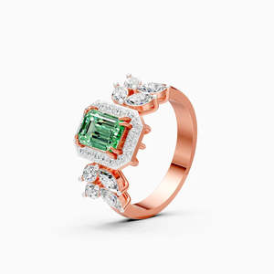 Bague fantaisie en or jaune, blanc et rose 9 carats avec diamant de laboratoire de 0,79 ct, émeraude verte et marquise latérale taille fantaisie - Product Image 1