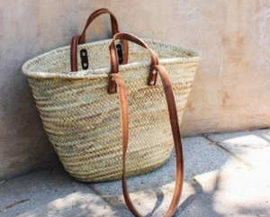 Sac en paille fait à la main avec cuir, panier du marché français, sac du marché français - Product Image 1