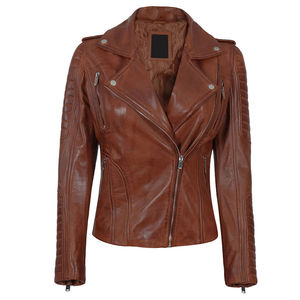Chaqueta motorista marrón con tachuelas Sally Mae con cremallera de anilina de piel de vaca auténtica para mujer con forro de viscosa acolchado y Exterior Interior - Product Image 6