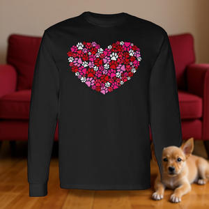 Maglietta a Maniche Lunghe per Amanti dei Cani per San Valentino, Design con Cuore e Zampe di Cane per Proprietari di Cani, T-Shirt Promozionale - Product Image 3