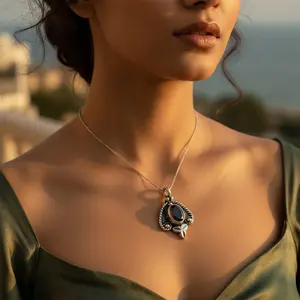 Colgante de Plata 925 con Ónix, Turquesa y Ópalo en Oro Rosa, Amuleto Religioso, Joyería, Regalo para Mujer - Product Image 1