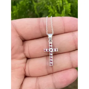925 Silver <b>Ruby</b> Cross <b>Necklace</b> Rhodium Christian 14K Gold 18K Platinum Zircon Diamond Pearl for Engagement Number Shape Pattern - Product Image 2