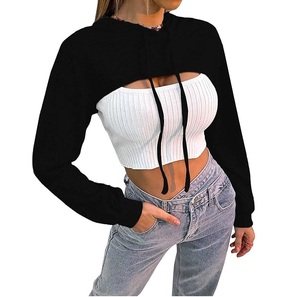 Women's <b>Cropped</b> Hoodie Sweatshirt Solid <b>Black</b> <b>Long</b> <b>Sleeve</b> Knitted Autumn Wear - Product Image 1