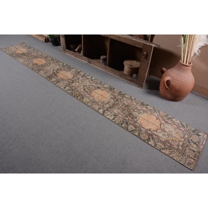 Rug, 1.7x12.6 ft Turkish Rug, <b>Brown</b> Floral Rug <b>Wool</b> - Product Image 3