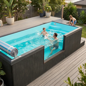 Rectangular Above Ground Wood Frame Swimming <b>Pool</b> Outdoor Family Spa <b>Pool</b> with Steps and Clear Blue Water - Product Image 5