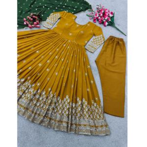 Conjunto de vestido de Georgette étnico de diseñador con fondo bordado y Dupatta elegante bordado pesado ropa de boda y fiesta al por mayor - Product Image 1
