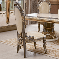 Ensemble de salle à manger 7 pièces de style européen en marbre ivoire, table à manger en bois baroque gris foncé doré sculpté, buffet, armoire à vin, villa