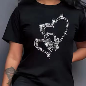 T-shirts décontractés d'été pour femmes personnalisés, design en strass, 100% coton tricoté, tee-shirt surdimensionné - Product Image 4
