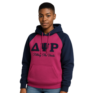Delta Psi Rho Sorority manga raglán pulóver Sudadera con capucha Rosa 80 algodón 20 poliéster llenando los huecos vida griega ropa informal con capucha - Product Image 1