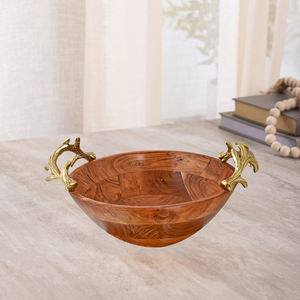 Cuenco de madera para servir de mesa, tamaño personalizado, producto más vendido, cuenco de madera con mango de metal - Product Image 3