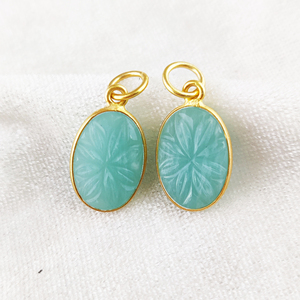 Pendentif de sculpture de fleur d'amazonite en argent Sterling 925, pendentif de charme ovale en Vermeil en or, pendentif de lunette en or, bijoux en pierres précieuses sculptées - Product Image 1