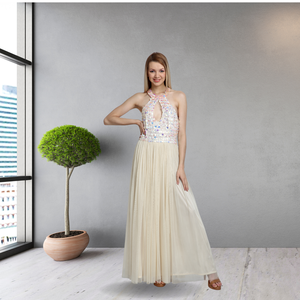 Haute qualité ivoire embelli à la main licou cou robe de soirée pour les femmes trou de serrure avant jupe fluide naturel Maxi perlé motif - Product Image 1