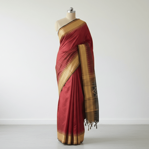 Traditional Handloom <b>Red</b> and Black Sari Indian Ethnic Style Modal Organza <b>Silk</b> Suit for Festivals Parties Soft Affordable - Product Image 3