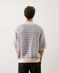 Men's Autumn High Quality <b>Short</b>-<b>Sleeve</b> Striped Cotton Knit <b>Sweatshirt</b> Loose Fit Embroidered Collar Custom Private Logo Heavy - Product Image 2
